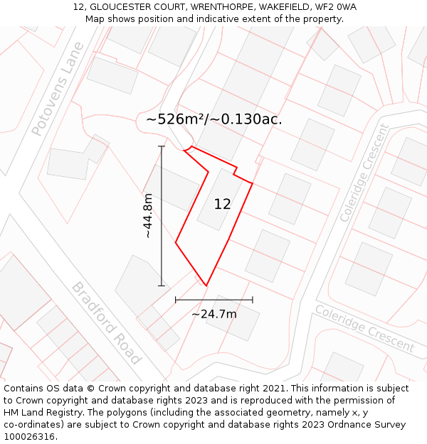 12, GLOUCESTER COURT, WRENTHORPE, WAKEFIELD, WF2 0WA: Plot and title map