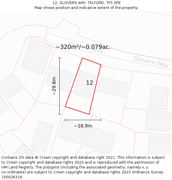 12, GLOVERS WAY, TELFORD, TF5 0PE: Plot and title map