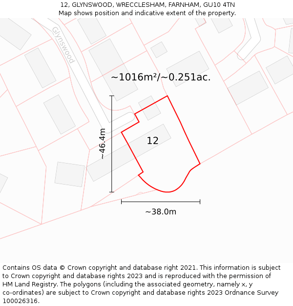 12, GLYNSWOOD, WRECCLESHAM, FARNHAM, GU10 4TN: Plot and title map