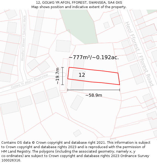 12, GOLWG YR AFON, FFOREST, SWANSEA, SA4 0XS: Plot and title map