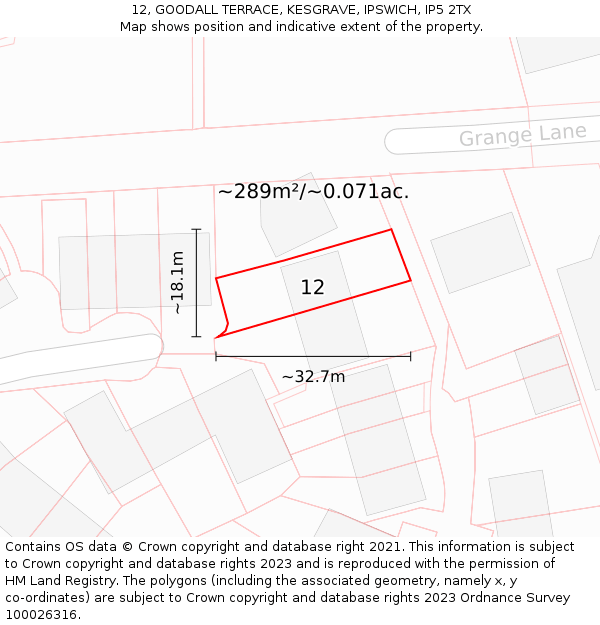 12, GOODALL TERRACE, KESGRAVE, IPSWICH, IP5 2TX: Plot and title map