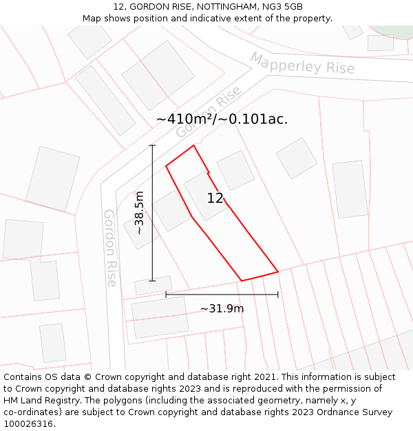 12, GORDON RISE, NOTTINGHAM, NG3 5GB: Plot and title map