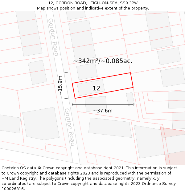 12, GORDON ROAD, LEIGH-ON-SEA, SS9 3PW: Plot and title map