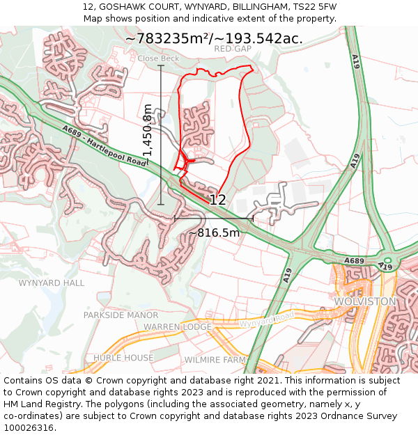 12, GOSHAWK COURT, WYNYARD, BILLINGHAM, TS22 5FW: Plot and title map