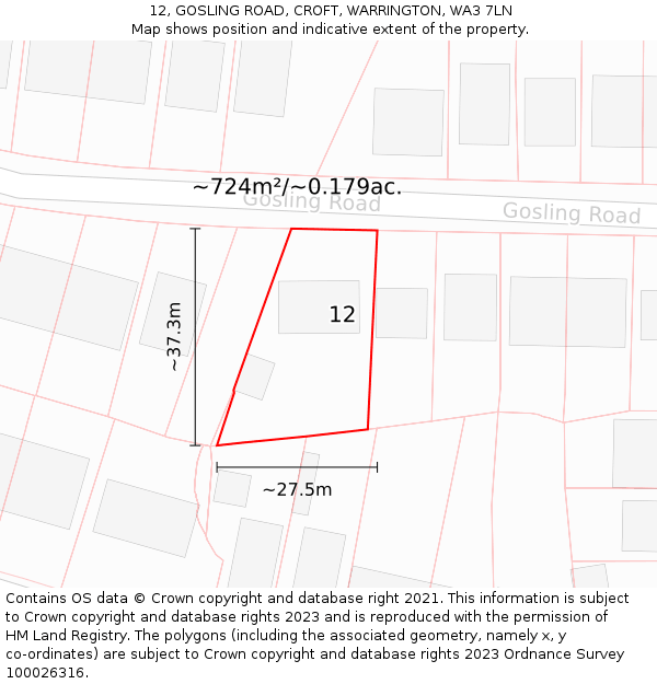 12, GOSLING ROAD, CROFT, WARRINGTON, WA3 7LN: Plot and title map