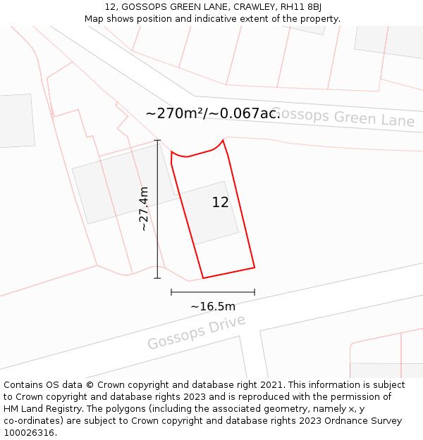 12, GOSSOPS GREEN LANE, CRAWLEY, RH11 8BJ: Plot and title map