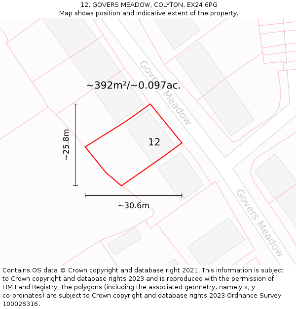 12, GOVERS MEADOW, COLYTON, EX24 6PG: Plot and title map