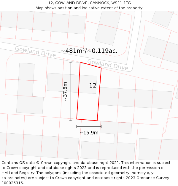 12, GOWLAND DRIVE, CANNOCK, WS11 1TG: Plot and title map