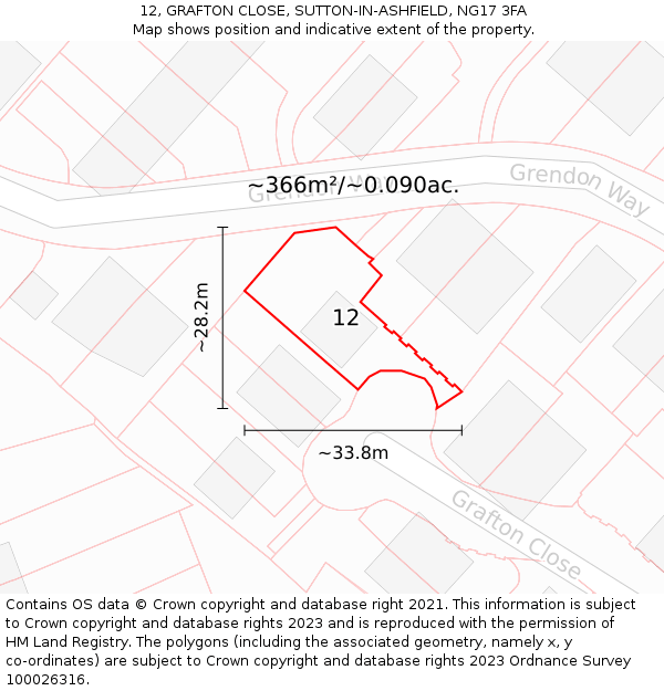 12, GRAFTON CLOSE, SUTTON-IN-ASHFIELD, NG17 3FA: Plot and title map