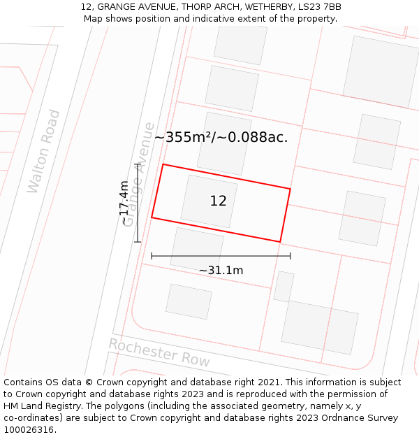 12, GRANGE AVENUE, THORP ARCH, WETHERBY, LS23 7BB: Plot and title map