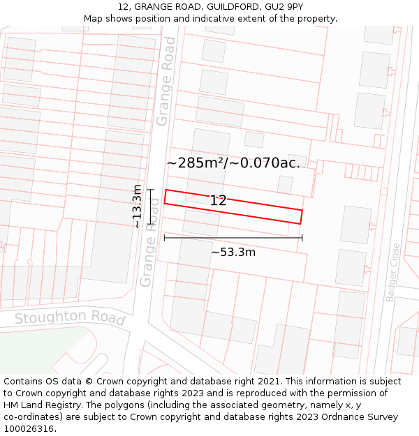 12, GRANGE ROAD, GUILDFORD, GU2 9PY: Plot and title map