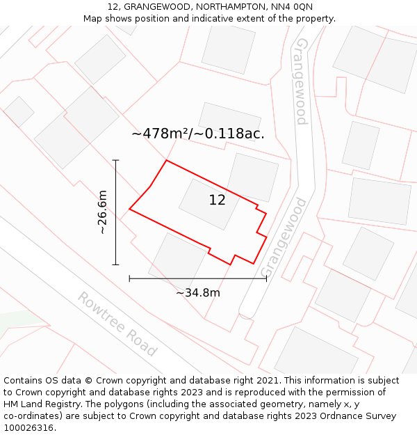 12, GRANGEWOOD, NORTHAMPTON, NN4 0QN: Plot and title map