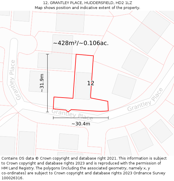 12, GRANTLEY PLACE, HUDDERSFIELD, HD2 1LZ: Plot and title map