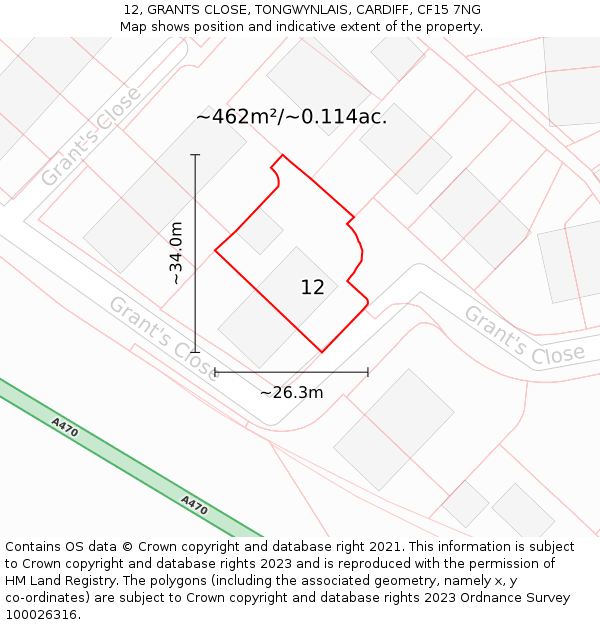 12, GRANTS CLOSE, TONGWYNLAIS, CARDIFF, CF15 7NG: Plot and title map