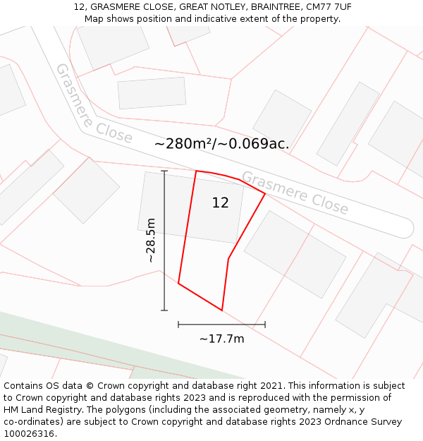 12, GRASMERE CLOSE, GREAT NOTLEY, BRAINTREE, CM77 7UF: Plot and title map