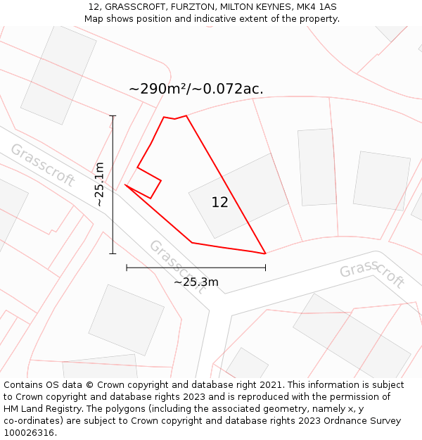 12, GRASSCROFT, FURZTON, MILTON KEYNES, MK4 1AS: Plot and title map