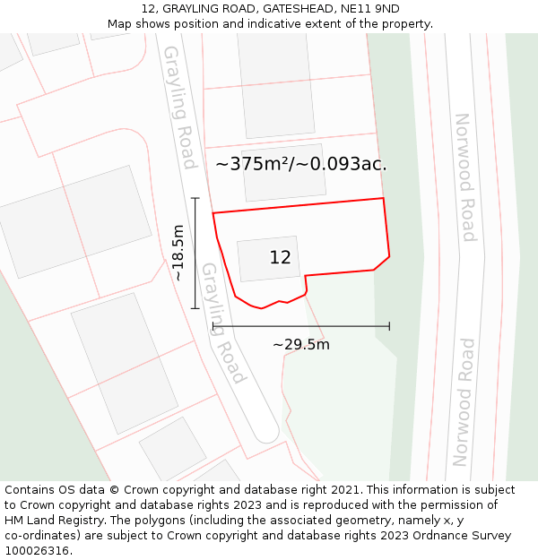 12, GRAYLING ROAD, GATESHEAD, NE11 9ND: Plot and title map