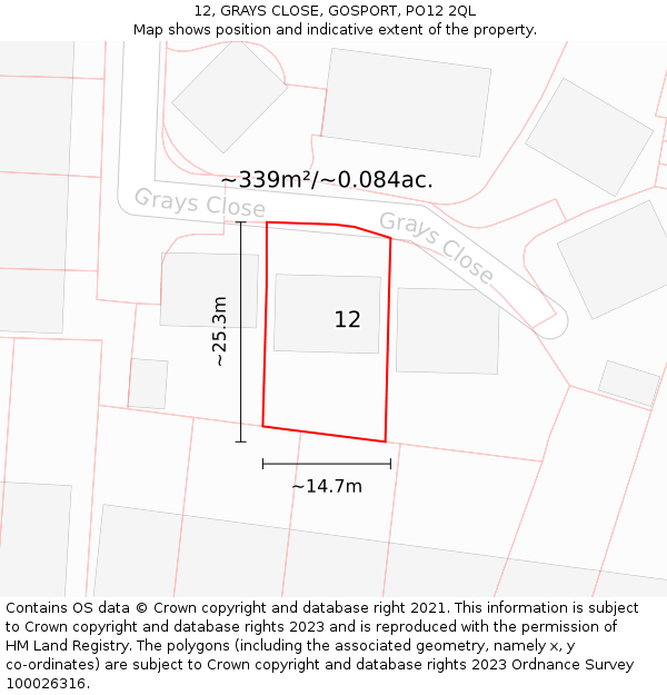 12, GRAYS CLOSE, GOSPORT, PO12 2QL: Plot and title map