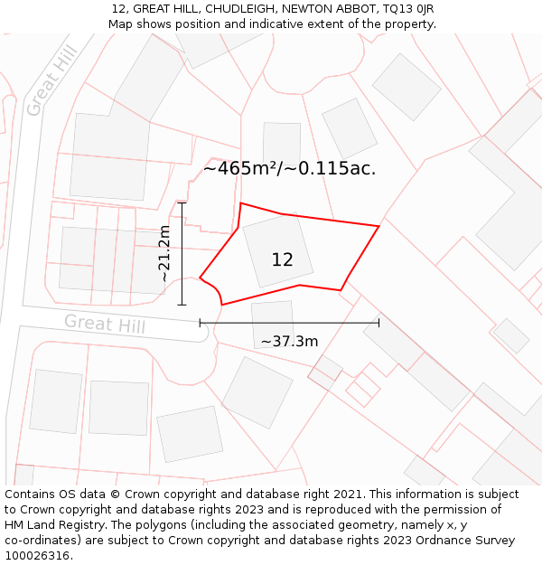 12, GREAT HILL, CHUDLEIGH, NEWTON ABBOT, TQ13 0JR: Plot and title map