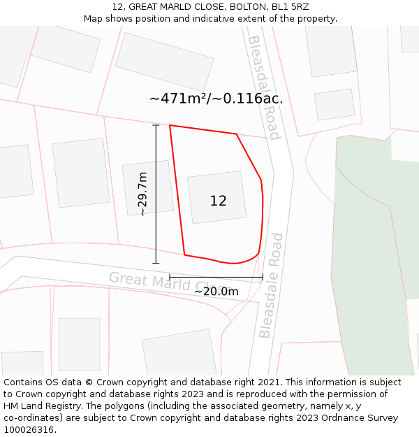 12, GREAT MARLD CLOSE, BOLTON, BL1 5RZ: Plot and title map