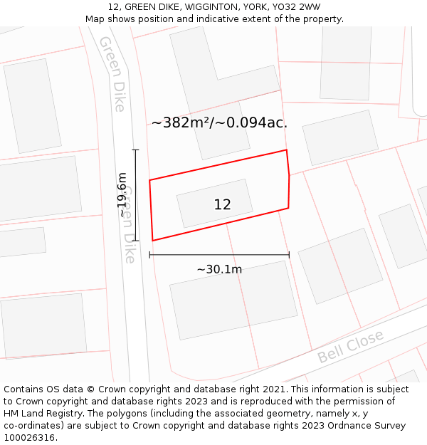 12, GREEN DIKE, WIGGINTON, YORK, YO32 2WW: Plot and title map