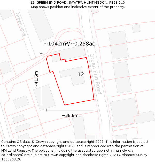 12, GREEN END ROAD, SAWTRY, HUNTINGDON, PE28 5UX: Plot and title map