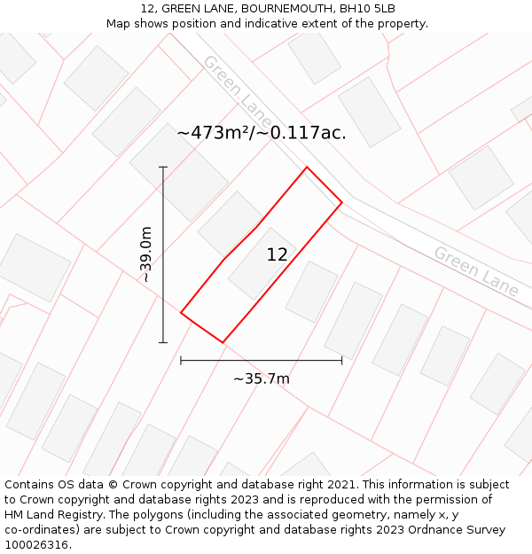 12, GREEN LANE, BOURNEMOUTH, BH10 5LB: Plot and title map