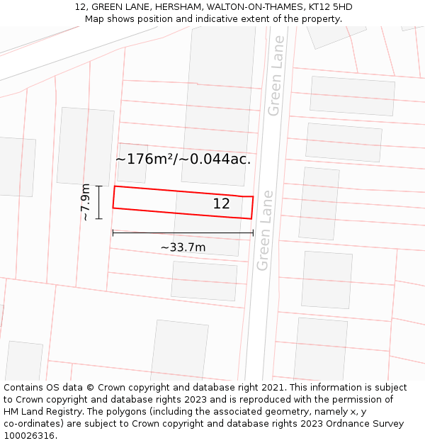 12, GREEN LANE, HERSHAM, WALTON-ON-THAMES, KT12 5HD: Plot and title map