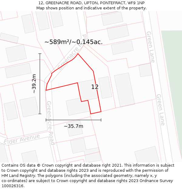 12, GREENACRE ROAD, UPTON, PONTEFRACT, WF9 1NP: Plot and title map
