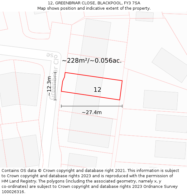 12, GREENBRIAR CLOSE, BLACKPOOL, FY3 7SA: Plot and title map