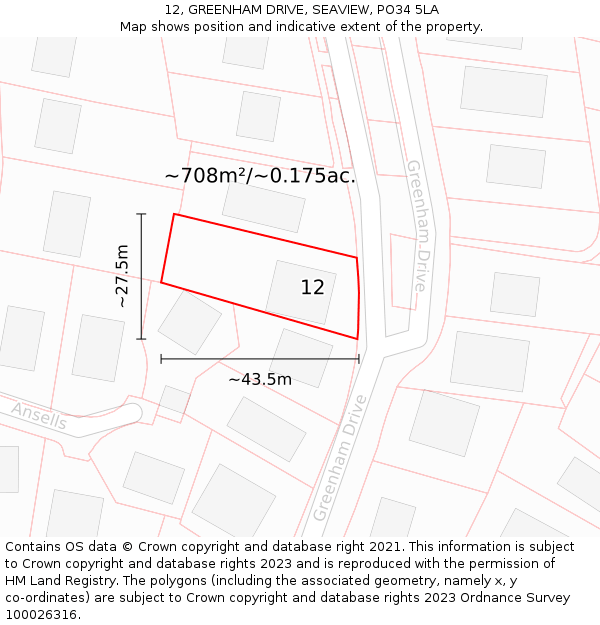 12, GREENHAM DRIVE, SEAVIEW, PO34 5LA: Plot and title map