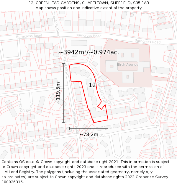 12, GREENHEAD GARDENS, CHAPELTOWN, SHEFFIELD, S35 1AR: Plot and title map