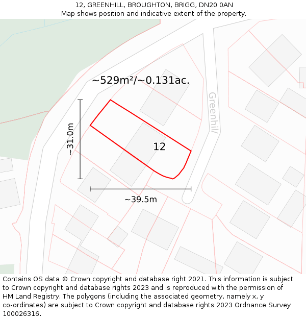 12, GREENHILL, BROUGHTON, BRIGG, DN20 0AN: Plot and title map