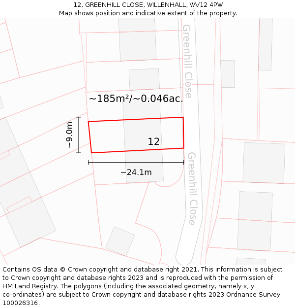 12, GREENHILL CLOSE, WILLENHALL, WV12 4PW: Plot and title map