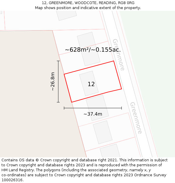 12, GREENMORE, WOODCOTE, READING, RG8 0RG: Plot and title map