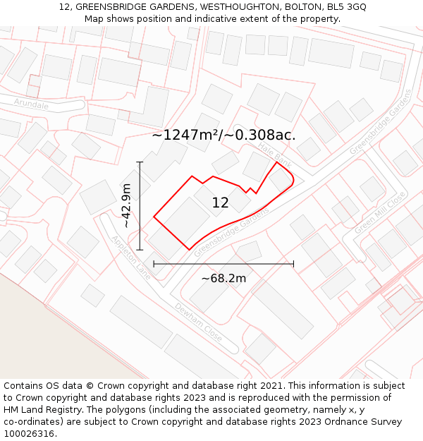 12, GREENSBRIDGE GARDENS, WESTHOUGHTON, BOLTON, BL5 3GQ: Plot and title map