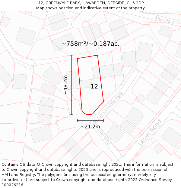 12, GREENVALE PARK, HAWARDEN, DEESIDE, CH5 3DP: Plot and title map