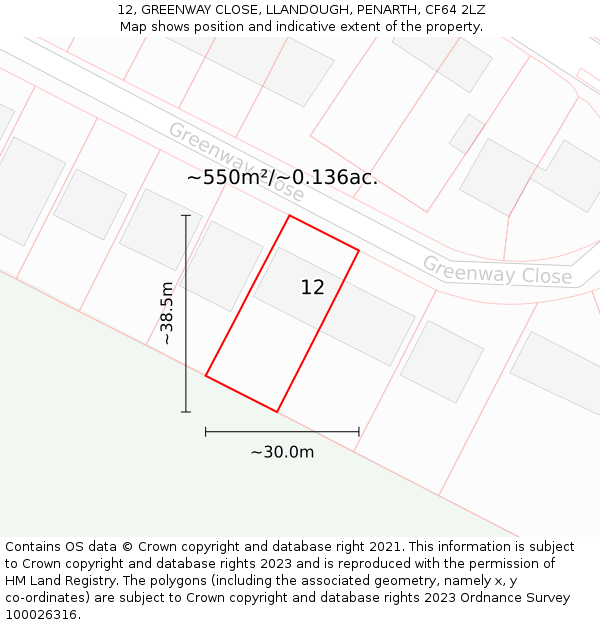 12, GREENWAY CLOSE, LLANDOUGH, PENARTH, CF64 2LZ: Plot and title map