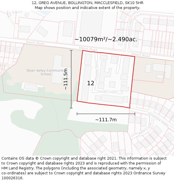 12, GREG AVENUE, BOLLINGTON, MACCLESFIELD, SK10 5HR: Plot and title map