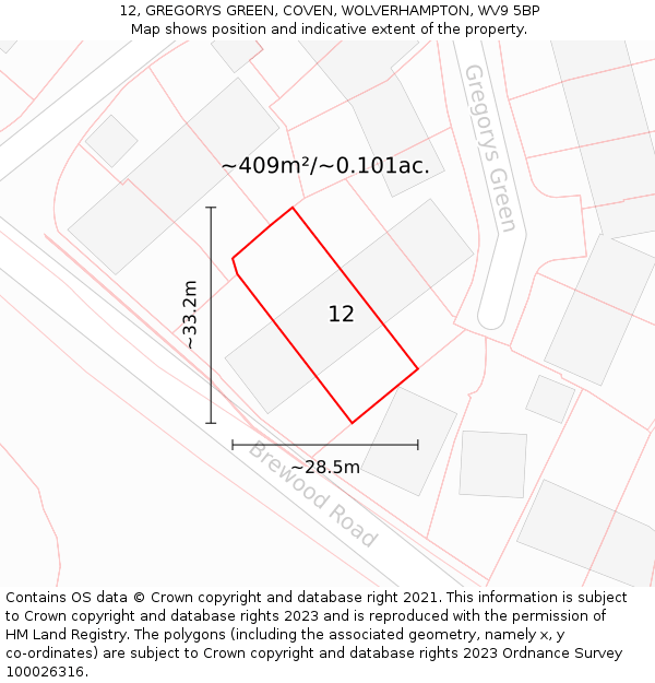 12, GREGORYS GREEN, COVEN, WOLVERHAMPTON, WV9 5BP: Plot and title map