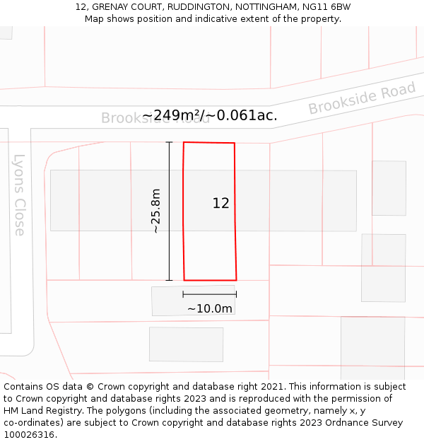 12, GRENAY COURT, RUDDINGTON, NOTTINGHAM, NG11 6BW: Plot and title map