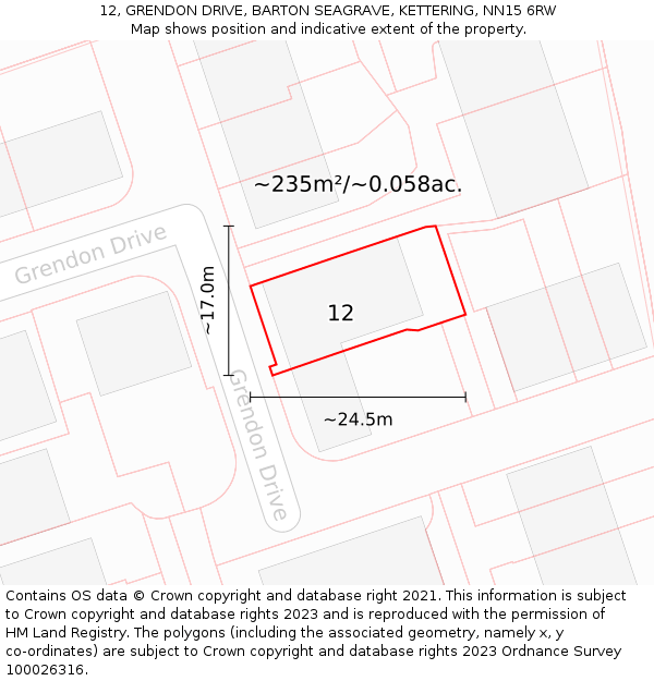 12, GRENDON DRIVE, BARTON SEAGRAVE, KETTERING, NN15 6RW: Plot and title map