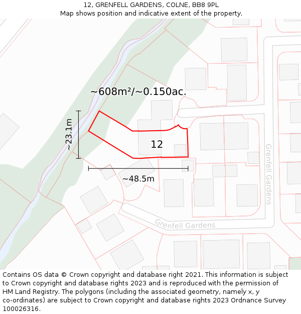 12, GRENFELL GARDENS, COLNE, BB8 9PL: Plot and title map