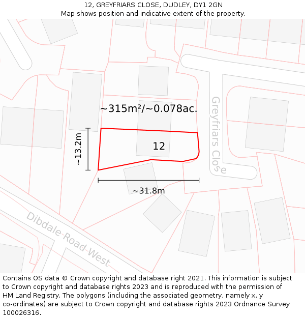 12, GREYFRIARS CLOSE, DUDLEY, DY1 2GN: Plot and title map