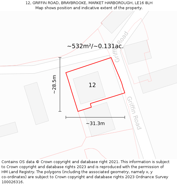 12, GRIFFIN ROAD, BRAYBROOKE, MARKET HARBOROUGH, LE16 8LH: Plot and title map