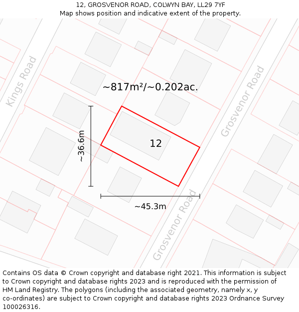 12, GROSVENOR ROAD, COLWYN BAY, LL29 7YF: Plot and title map