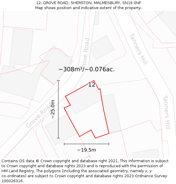 12, GROVE ROAD, SHERSTON, MALMESBURY, SN16 0NF: Plot and title map