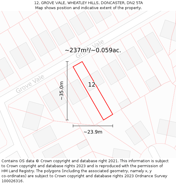 12, GROVE VALE, WHEATLEY HILLS, DONCASTER, DN2 5TA: Plot and title map