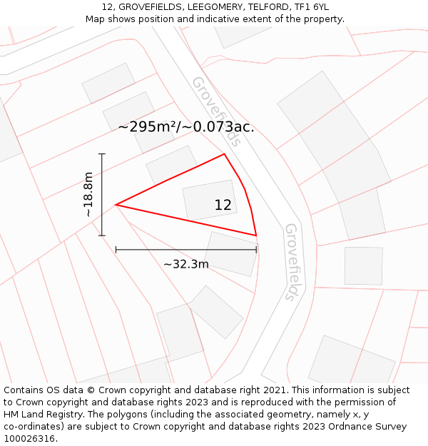 12, GROVEFIELDS, LEEGOMERY, TELFORD, TF1 6YL: Plot and title map