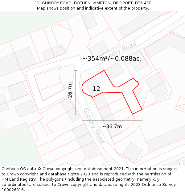 12, GUNDRY ROAD, BOTHENHAMPTON, BRIDPORT, DT6 4SF: Plot and title map